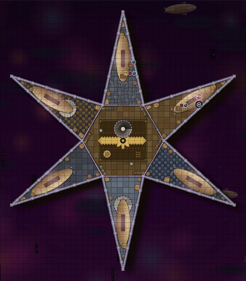 A six-pointed star of docking bays around a central hall, with an airship moored in each point.