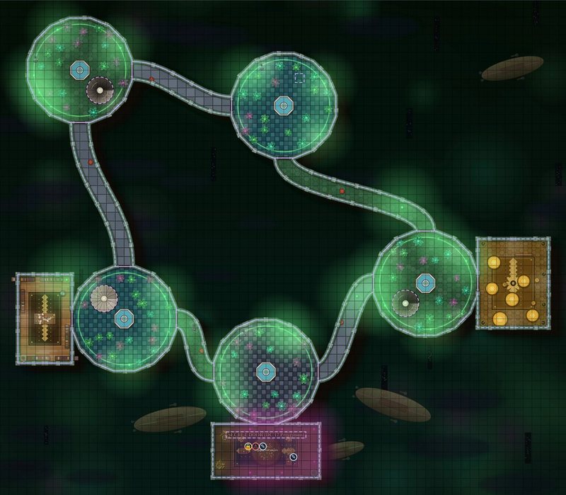 Green glass domes linked by a winding walkway, with small workrooms at either end.