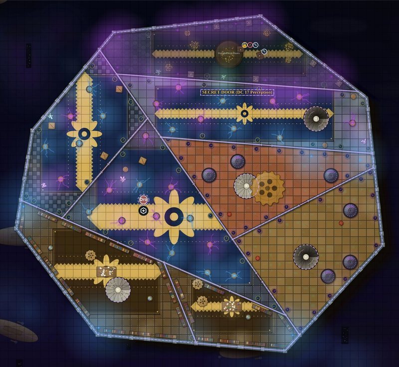 An irregular many-sided hall cut into triangular rooms, lit by violet and gold coils.