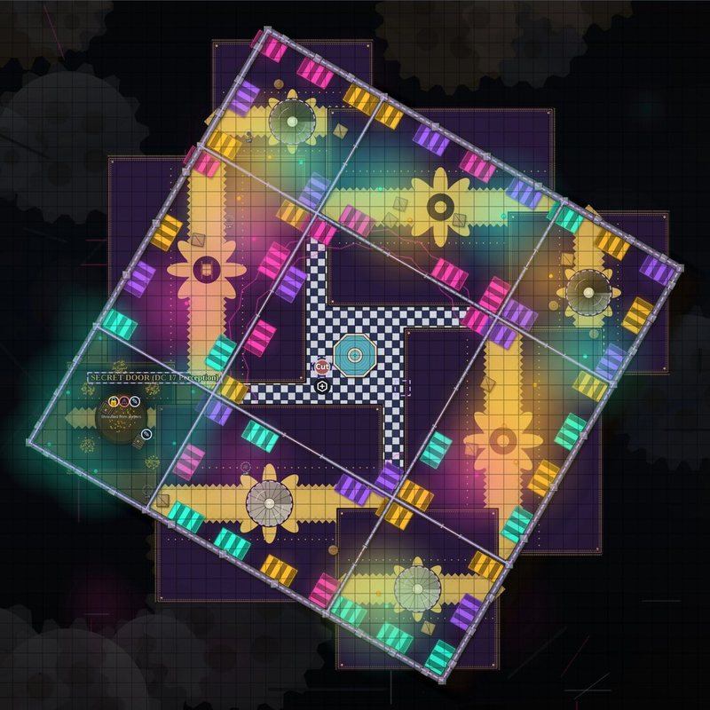 A tilted square market of neon-lit stalls around a chequered central plaza.