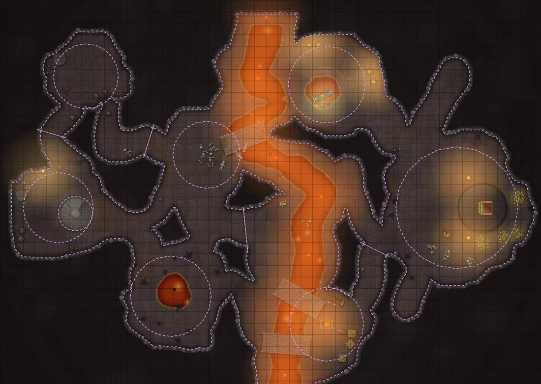 Winding cave tunnels around a river of glowing lava.