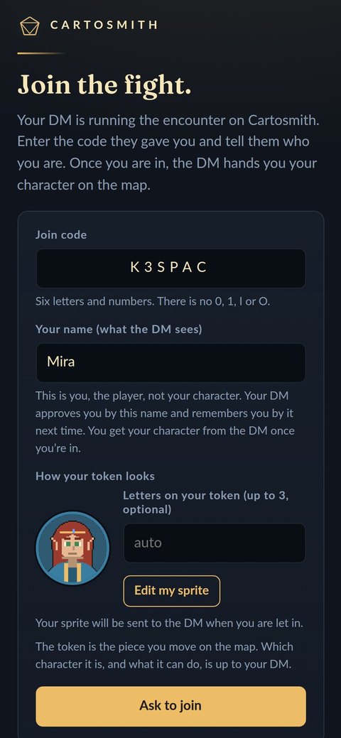 The join page on a phone: join code K3SPAC, the name Mira, Mira's pixel-art token and an Ask to join button.