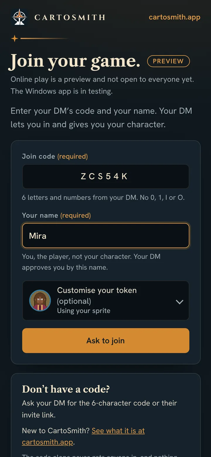 The Join your game page on a phone: a join code, the name Mira, a pixel-art token and an Ask to join button.