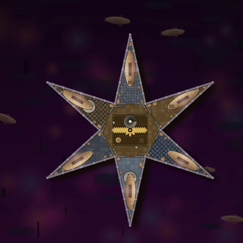 Airship Dock battle map: A six-pointed star of docking bays around a central hall, with an airship moored in each point, floating in a violet sky.