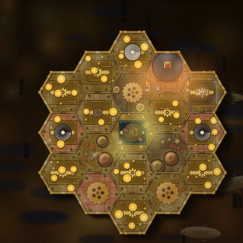Clockwork Apiary battle map: A honeycomb of hexagonal clockwork rooms full of brass gears and glowing combs.