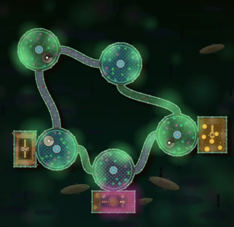 Neon Conservatory battle map: Green glass domes linked by a winding walkway, with workrooms at either end.