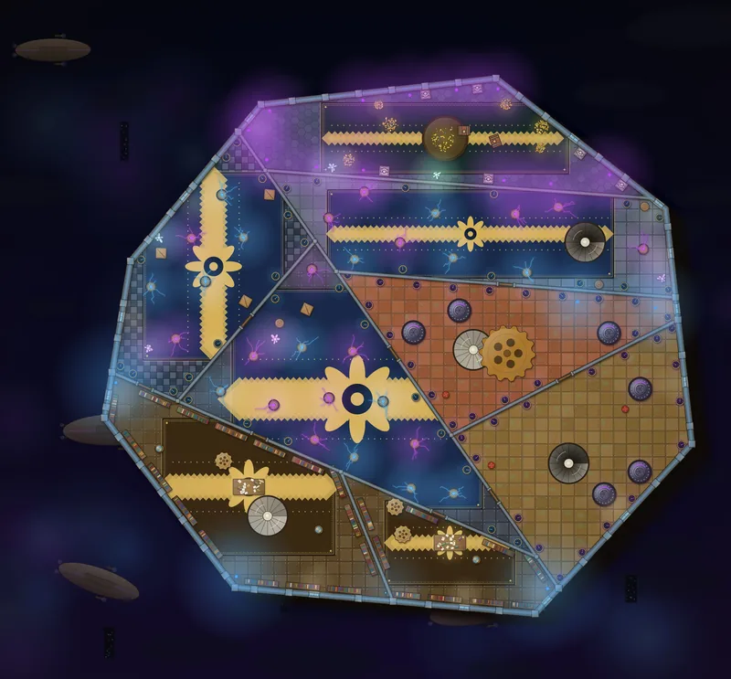 Tesla Gallery battle map: An irregular many-sided hall cut into triangular rooms, lit by violet and gold coils.
