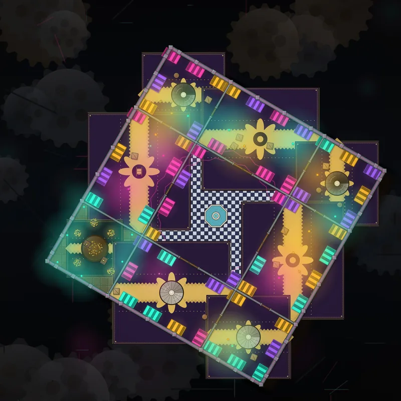 Undercity Bazaar battle map: A tilted square market of neon-lit stalls around a chequered plaza, deep under the city.