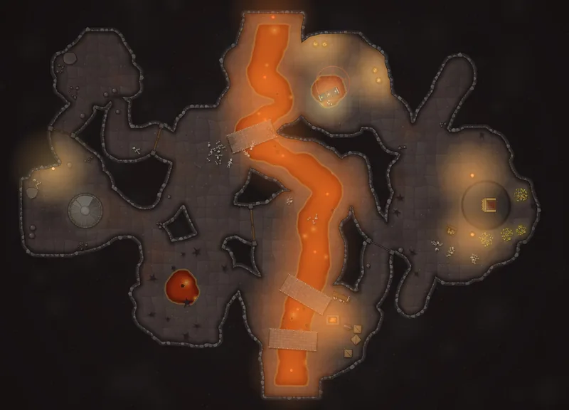 The Ember Depths battle map: Winding cave tunnels around a river of glowing lava, the lowest level of a 32-floor castle.