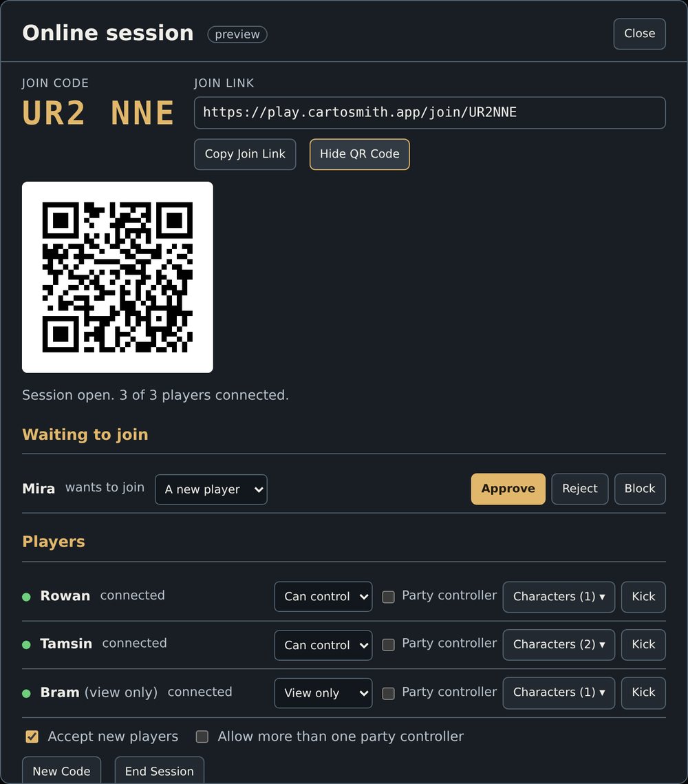 The DM's Online session window: a join code, join link and QR code, Mira waiting to join with Approve, Reject and Block, and three players with their controls.
