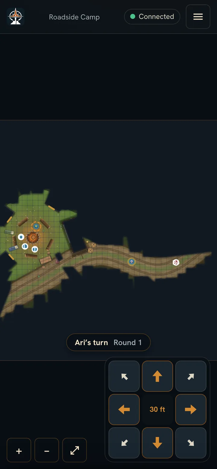 A second player's phone on Roadside Camp at the same moment: the same tree-cut view as the rest of the party, with their own character ringed by the campfire and Ari's turn shown in the strip.