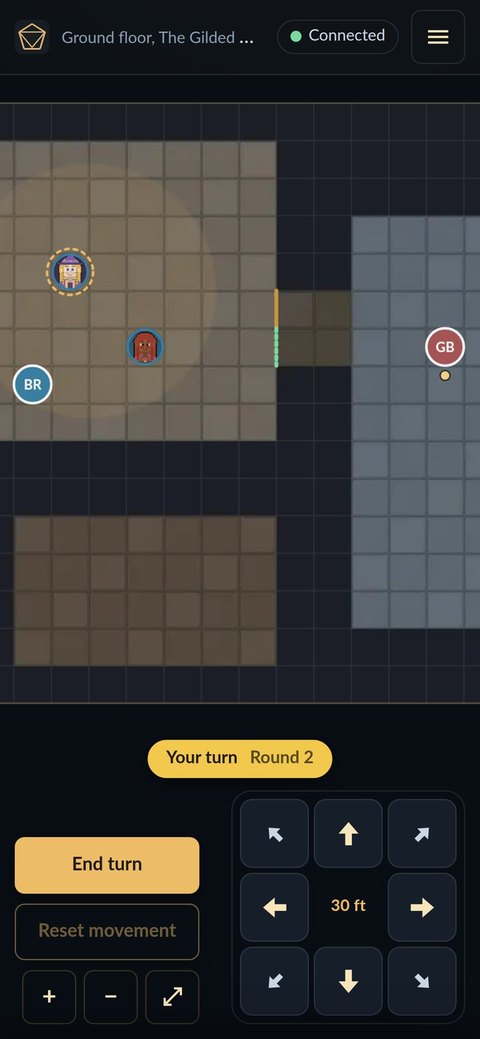 The player's map on a phone: their token in a revealed room, a gold Your turn strip, End turn and Reset movement buttons, and a move pad showing 30 ft.
