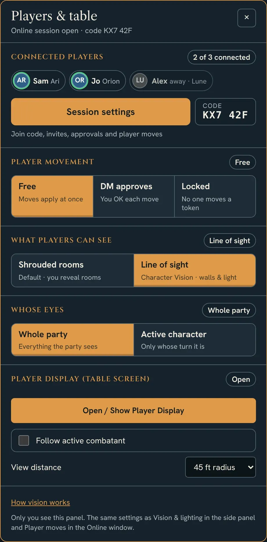 The DM's Players and table panel: online session open with a join code, two of three players connected with their characters, a Session settings button, then Player movement (Free, DM approves, Locked), What players can see (Shrouded rooms, Line of sight), Whose eyes (Whole party, Active character) and the Player Display controls.