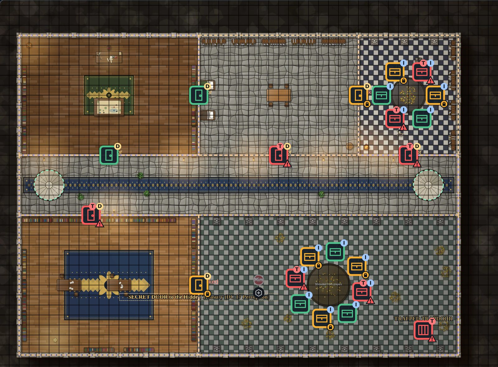 The DM Prep overlay on a castle treasury with four rooms. Doors and chests carry state markers: red for an armed trap, yellow with a padlock for locked, and green for confirmed safe.