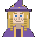 Wizard in a purple hat with blonde braids