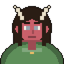 Red-skinned tiefling with cream horns