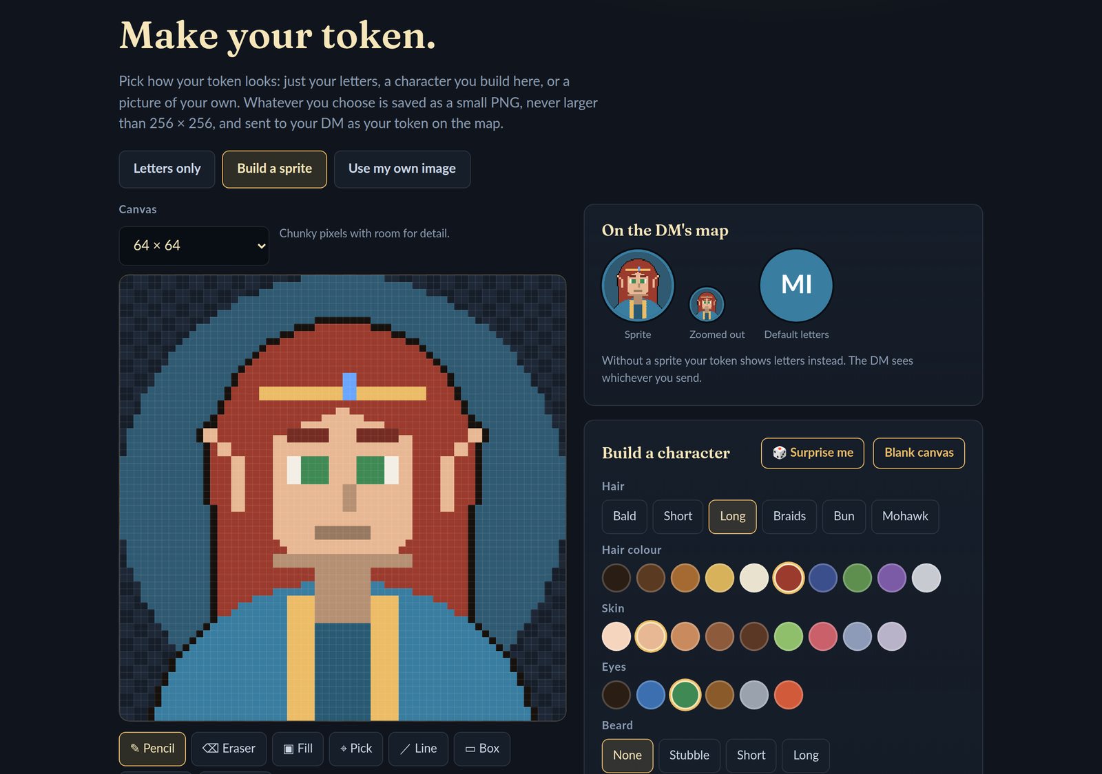 The sprite maker: a pixel-art elf with red hair and a gold circlet on the canvas, a preview of the token on the DM's map, and the character builder with hair, colours and outfit options.
