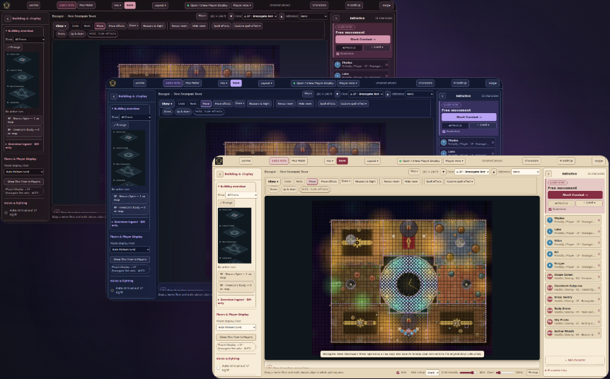 Three overlapping Cartosmith windows in different themes: a dark red-tinted theme, a deep blue theme and a light parchment theme.