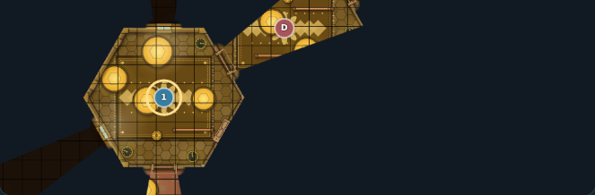 Player 1's view on the Player Display: only the room Mira stands in and a slice of the next room are visible. Everything else is dark.