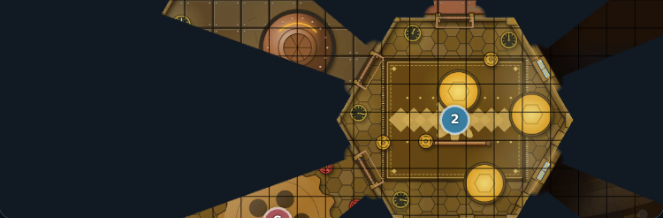 Player 2's view on the Player Display: Rowan's room and the lines of sight through its doors and windows are visible. Everything else is dark.